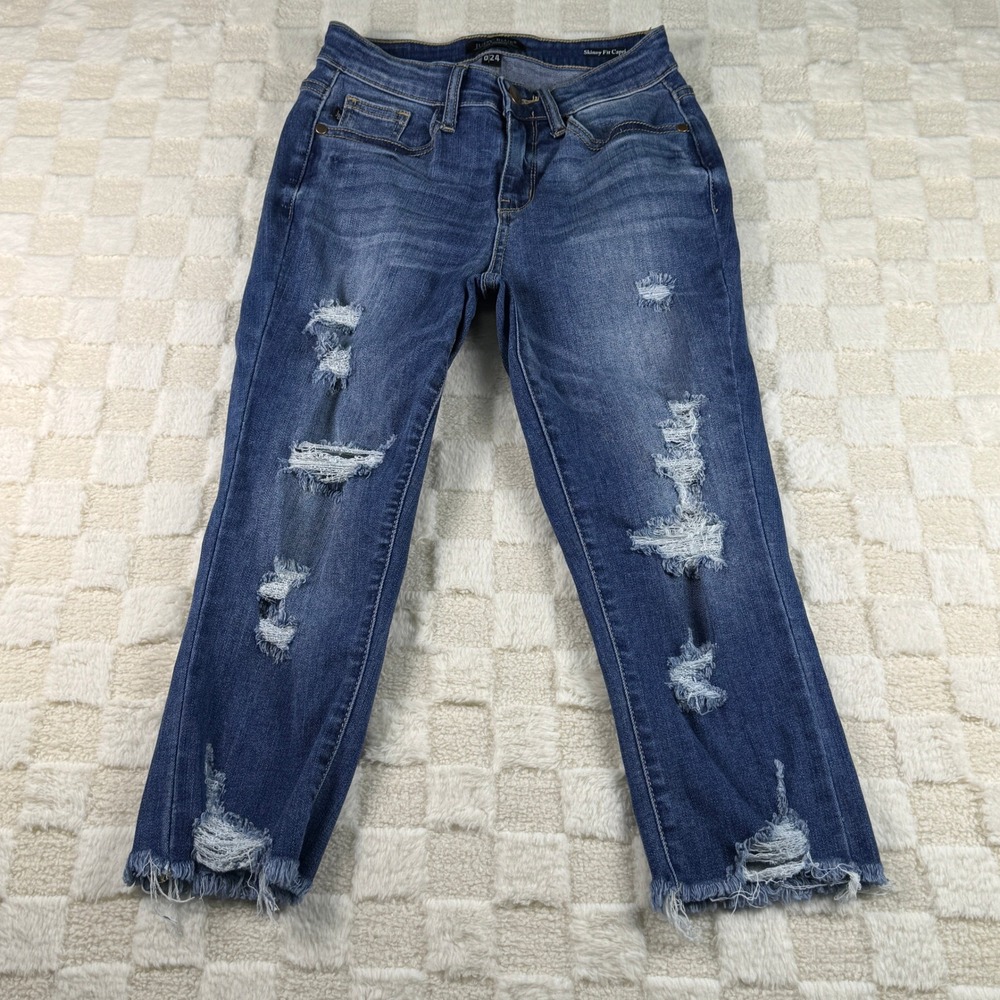 Judy Blue Womens Distressed Skinny Jeans Frayed‎ Hem Medium Wash